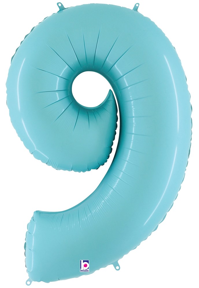 Pastel blue foil balloon shaped as the number 9, 34 inches tall with glossy finish.
