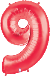 Red foil balloon in the shape of the number 9 with a shiny surface and 34-inch size.