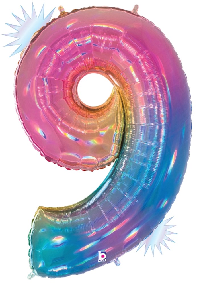 Holographic rainbow-colored number 9 foil balloon with shimmering opal finish, 34 inches tall.