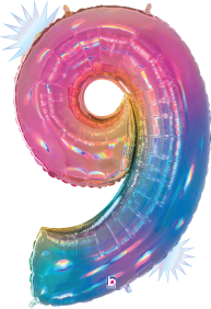 Holographic foil balloon shaped as number 9 with opal rainbow colors and 34-inch height.