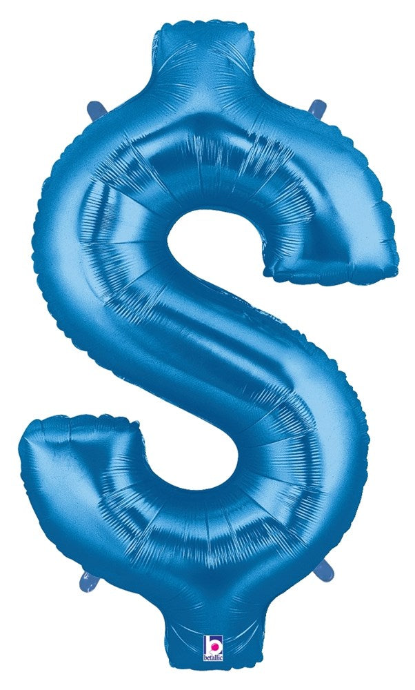 34-inch metallic blue foil balloon shaped like a dollar sign with a glossy finish.