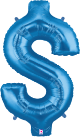 Blue metallic foil balloon shaped like a dollar sign with a shiny finish, 34 inches tall.