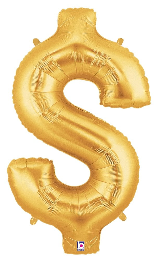 34-inch shiny gold foil balloon shaped like a dollar sign with a smooth metallic finish.