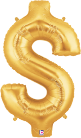 Gold foil balloon shaped like the dollar sign with a shiny metallic finish, 34 inches tall.