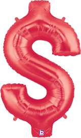 Red metallic foil balloon shaped like a dollar sign, 34 inches tall.
