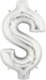 Silver foil balloon shaped like a dollar sign, 34 inches tall with a shiny metallic finish.