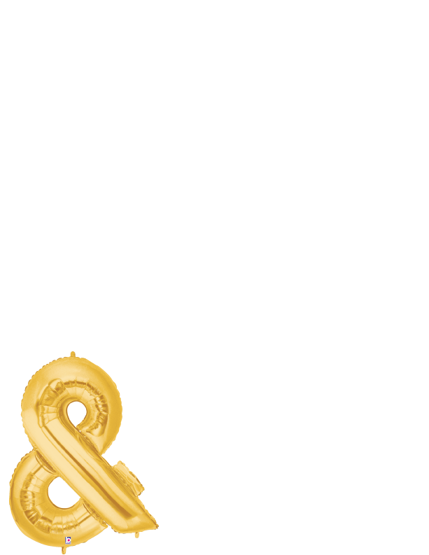 Gold foil balloon shaped as an ampersand symbol, shiny metallic finish, 34 inches tall.