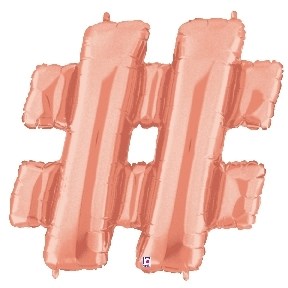 Rose gold foil balloon shaped like a large 34-inch hashtag symbol.