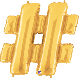34-inch gold foil balloon shaped as a hashtag symbol with a shiny metallic finish.
