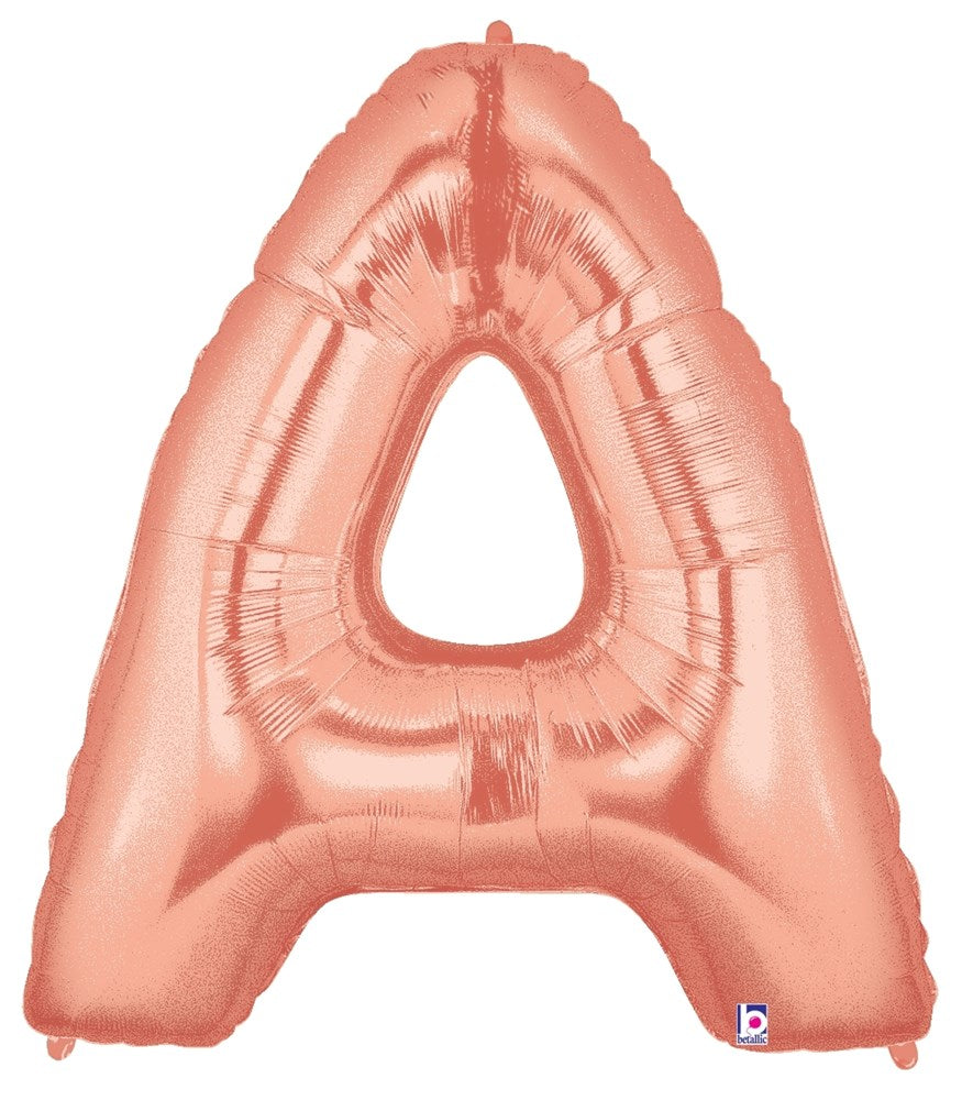 Rose gold foil balloon shaped as the letter A with metallic finish and visible seams.
