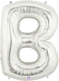 Silver metallic foil balloon shaped like the letter B, 34 inches tall, with a shiny surface and visible seams.