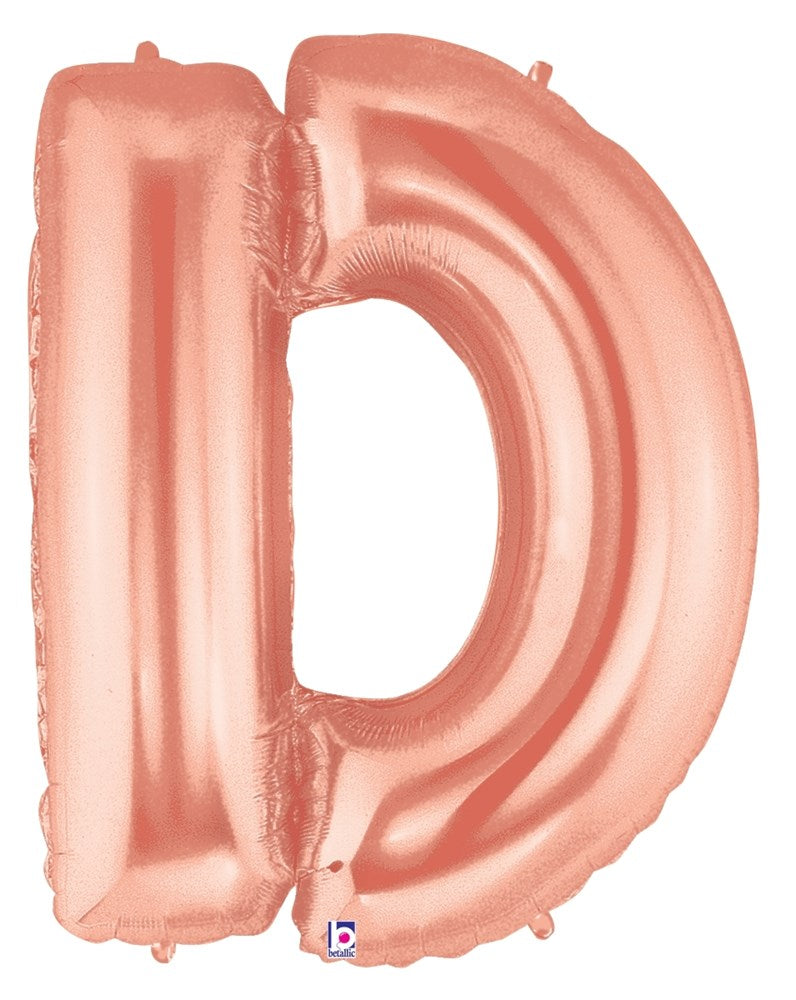 Rose gold foil balloon shaped as the letter D, 34 inches tall, shiny metallic finish.