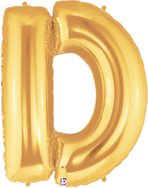 34-inch gold foil balloon shaped like the letter D with a shiny metallic finish.