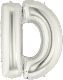 Silver foil balloon shaped like the letter D, shiny and inflated, 34 inches tall.