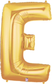 Gold foil balloon shaped like the letter E, shiny metallic finish, 34 inches tall.