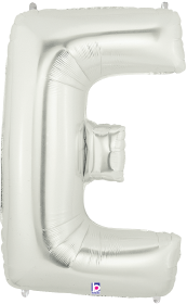 Silver foil balloon shaped as the letter E, 34 inches tall, shiny metallic finish.