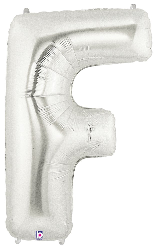 34-inch silver foil balloon shaped like the letter F with a shiny metallic finish.
