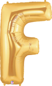 Gold foil balloon shaped as the letter F, 34 inches tall, shiny metallic finish.