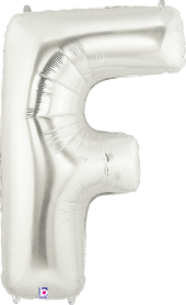 34-inch silver foil balloon shaped as the letter F with a shiny metallic finish.