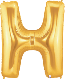 Gold foil balloon shaped like the letter H, 34 inches tall with a shiny metallic finish.