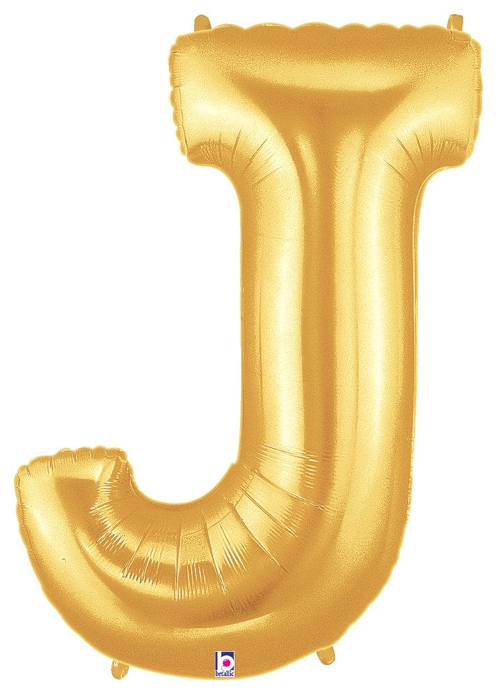 34-inch gold foil balloon shaped like the letter J with a shiny metallic finish.