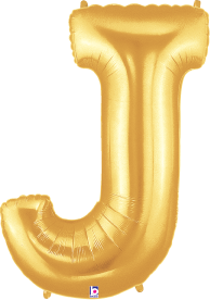 34-inch gold foil balloon shaped like the letter J with a shiny metallic finish.