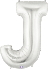 Silver foil balloon shaped like the letter J, 34 inches tall with a shiny metallic finish.