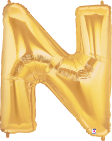 Gold foil balloon shaped as the letter N, shiny 34-inch inflated decoration.