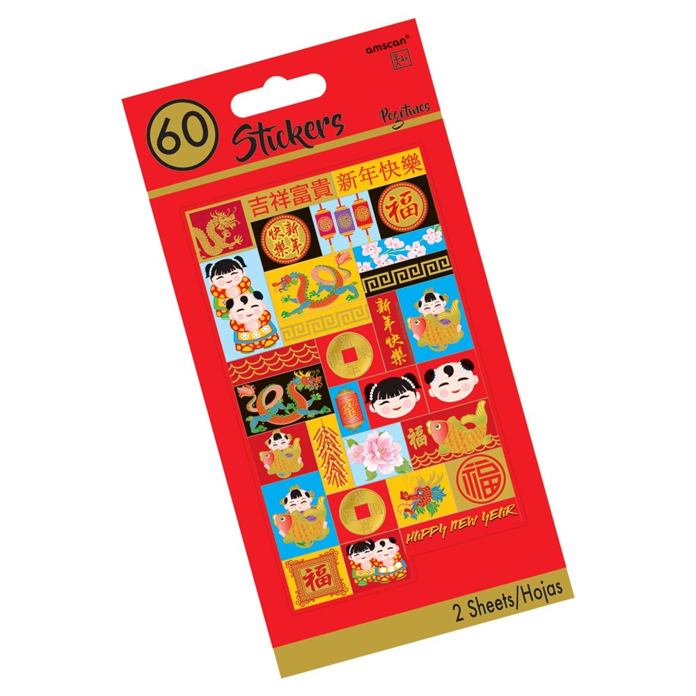 Sheet of colorful Chinese New Year stickers featuring traditional symbols, lanterns, dragons, and children illustrations on.