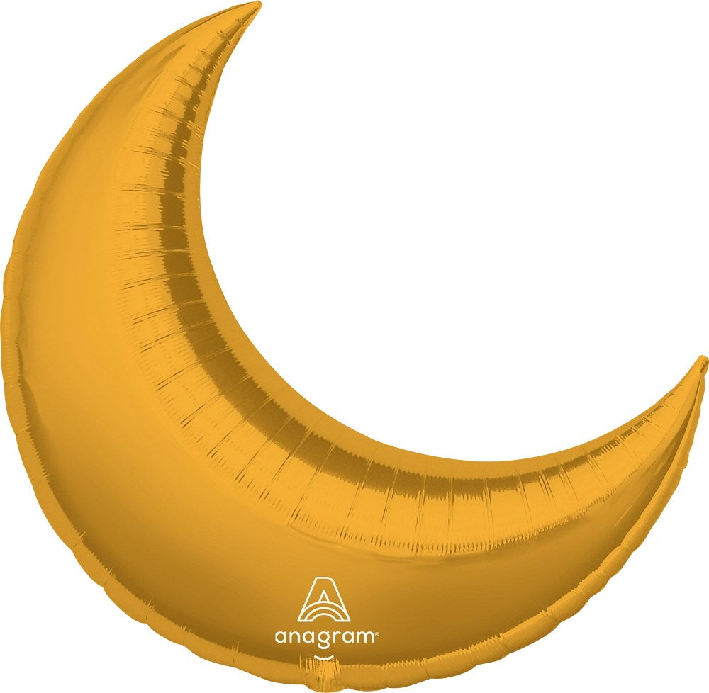 Gold crescent-shaped foil balloon measuring 26 inches with a smooth, shiny surface.