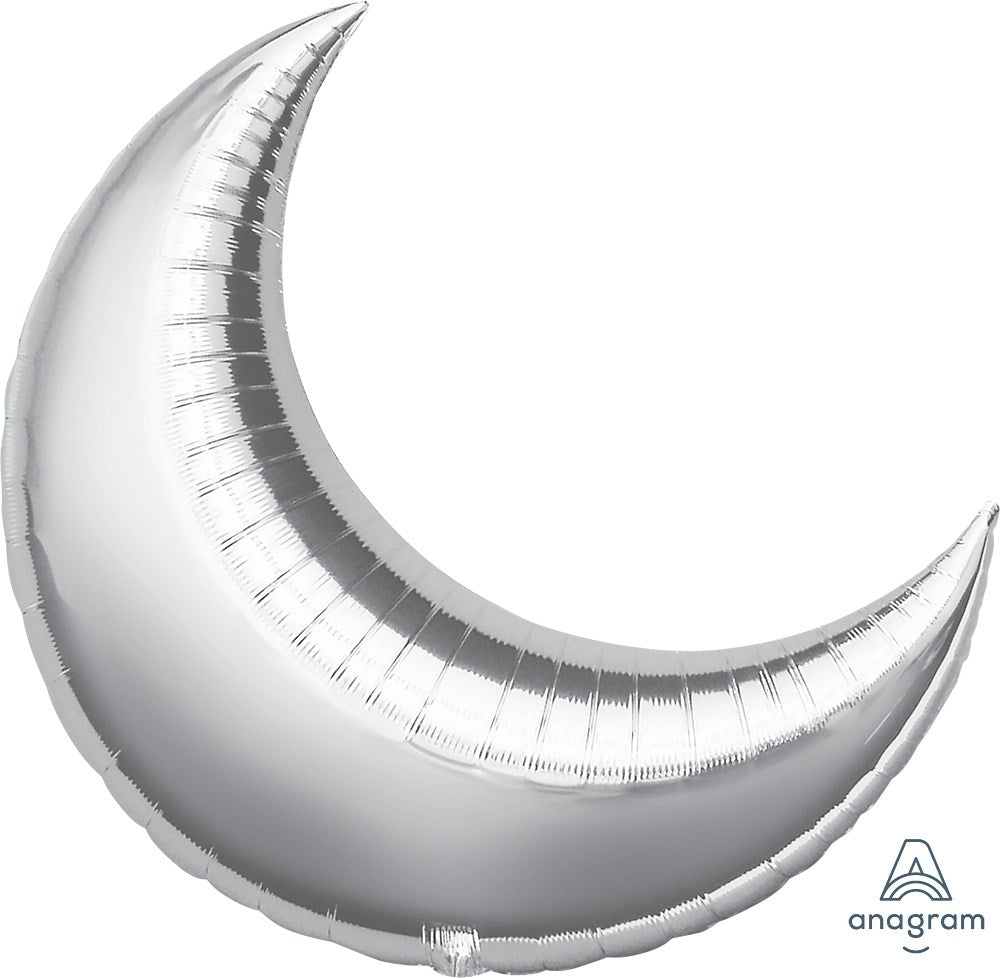 Silver crescent-shaped foil balloon with a shiny metallic finish, 26 inches wide.