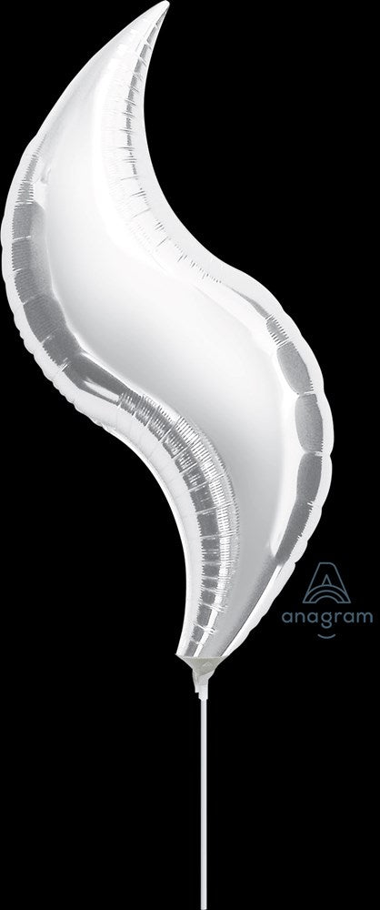 28 inch silver foil balloon with a curved, elongated shape and shiny metallic finish.