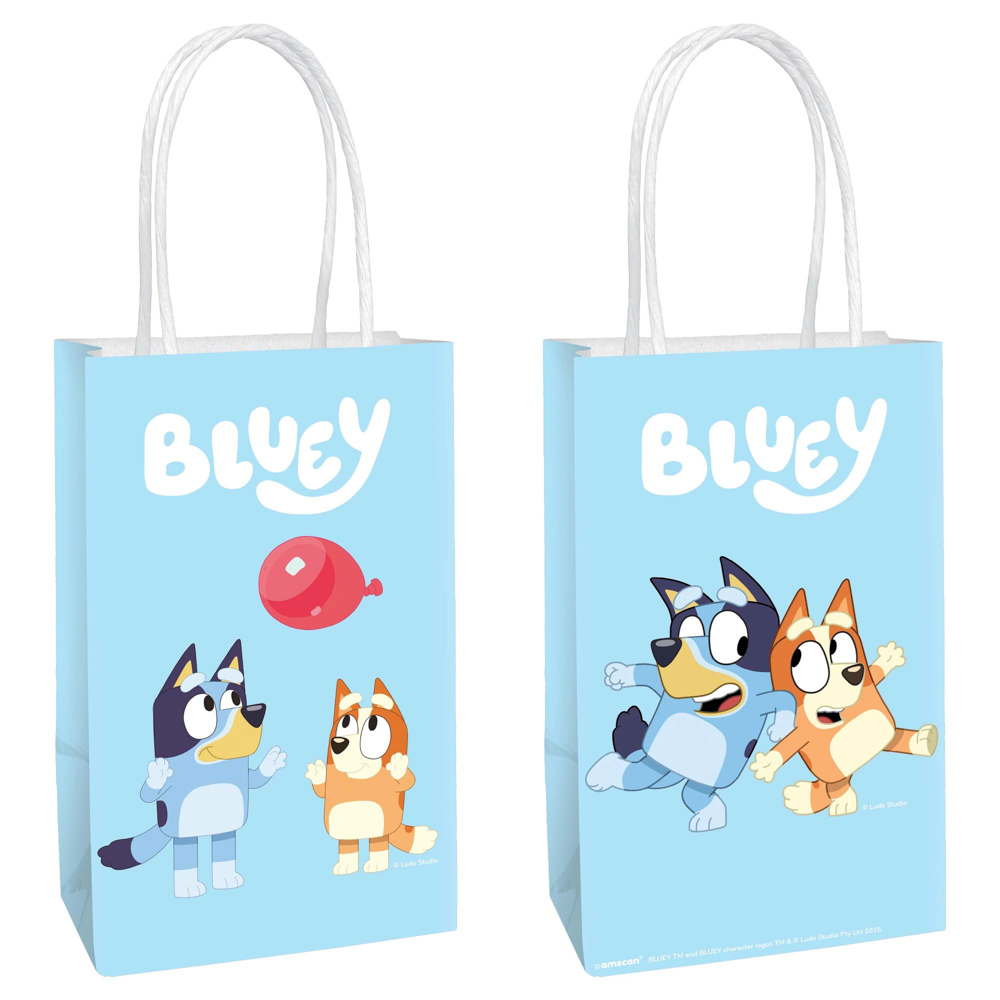 Light blue paper kraft bags with white handles featuring Bluey characters and red balloon illustrations.