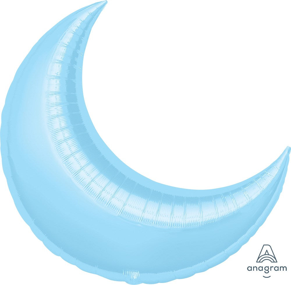 Pastel blue crescent-shaped foil balloon with a glossy finish, 26 inches wide.