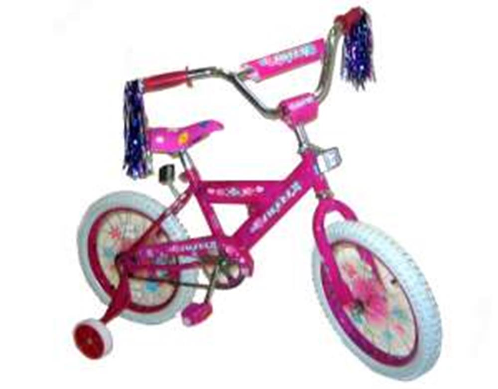 Pink 16-inch BMX bike with C-brake, white tires, rear training wheels, and purple-blue handle tassels.