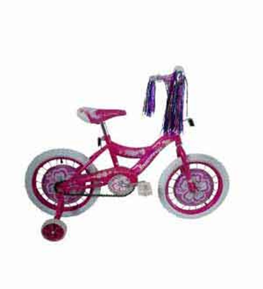 16-inch purple BMX bike with training wheels, white tires, and purple handlebar streamers.