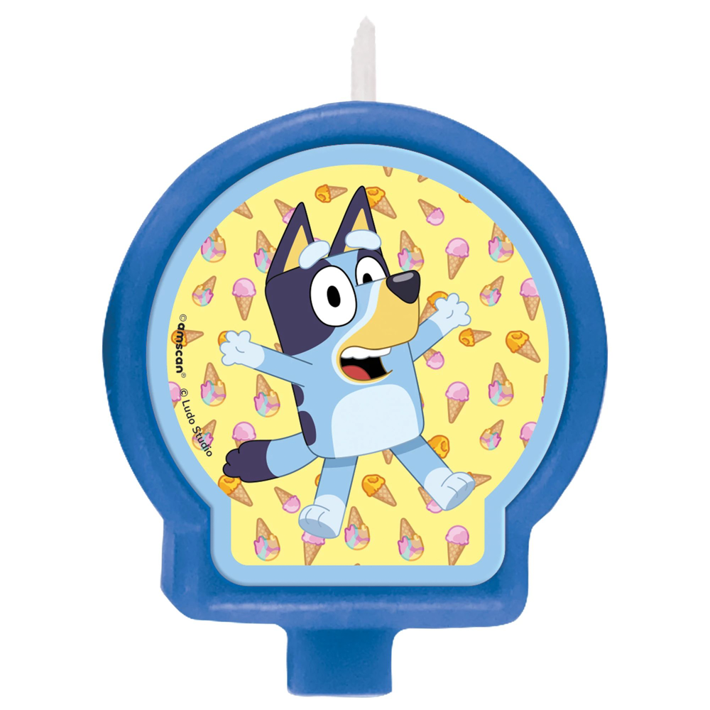 Bluey-themed blue birthday candle with a cartoon dog character on yellow background decorated with colorful ice cream cones.
