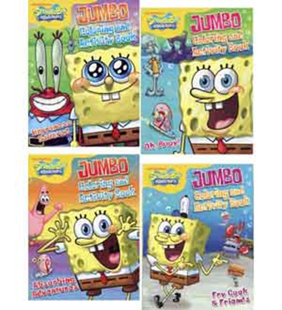 Four colorful SpongeBob Jumbo coloring books featuring SpongeBob, Mr. Krabs, and Patrick with playful cartoon covers.