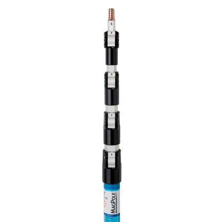 Collapsible black and silver telescoping pole with a blue base labeled MagPole, extends up to 18 feet.