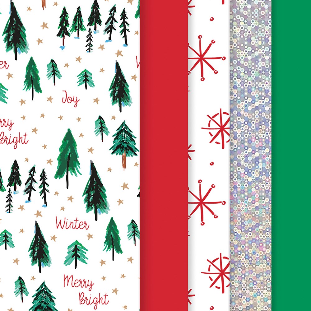 Christmas-themed tissue paper with green pine trees, red script text, solid red sheet, red snowflakes, and glittery silver.