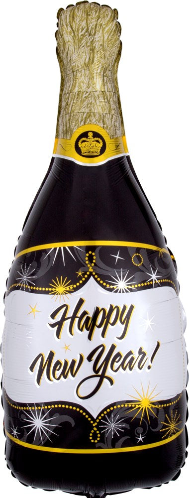 36-inch foil balloon shaped like a champagne bottle with black, gold, and white colors and "Happy New Year!" text.