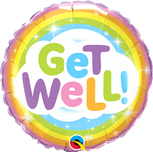 Round foil balloon with colorful "Get Well!" text inside a white cloud, surrounded by a rainbow border.