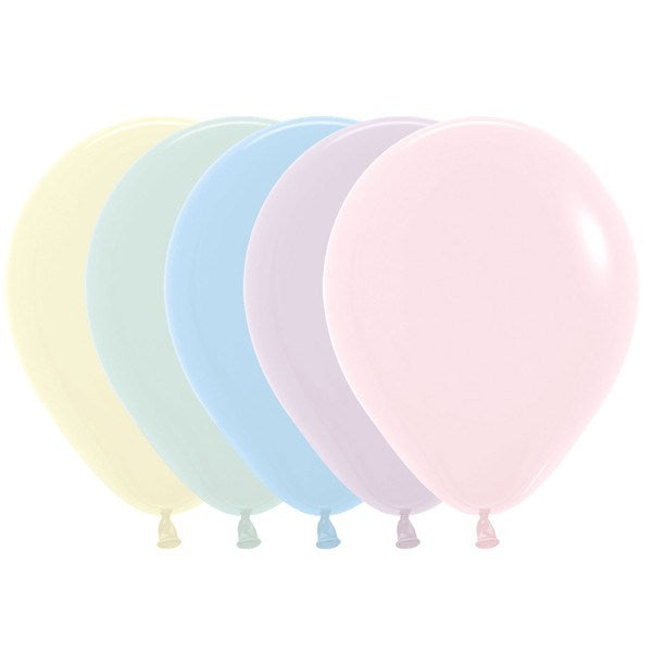Set of five pastel matte latex balloons in cream, light green, light blue, lavender, and pink colors, each 5 inches inflated.