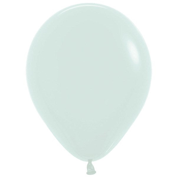Pastel matte light green 5-inch latex balloon with a smooth, soft finish and round shape.