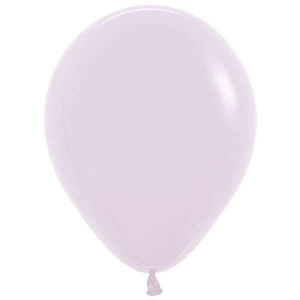 Pastel matte lilac latex balloon, 5-inch round shape, smooth surface, tied end.