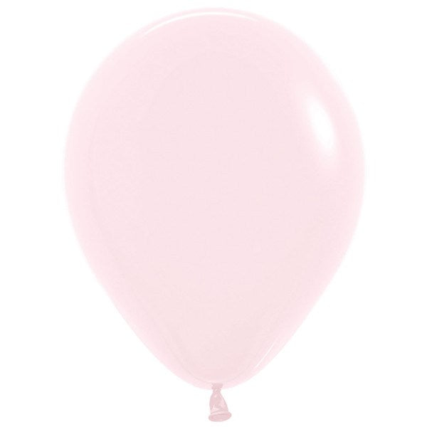 Soft pastel pink matte latex balloon inflated to 12 inches with a rounded oval shape and tied neck.