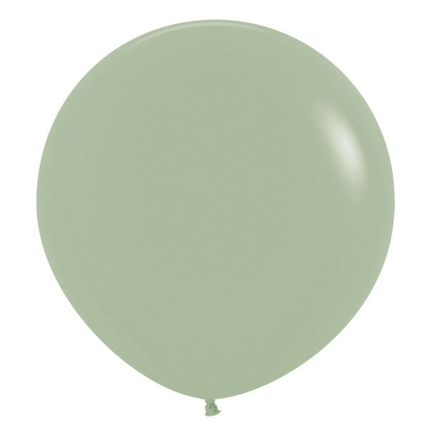 Set of three 24-inch round eucalyptus green latex balloons with a smooth matte finish.
