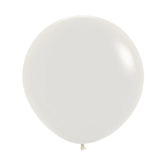Cream-colored 24-inch round latex balloon, smooth surface, tied end visible.