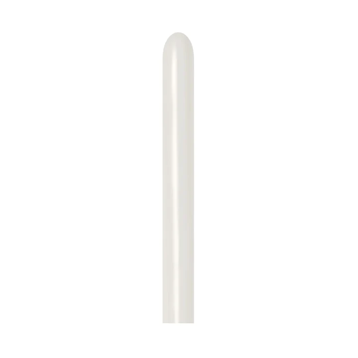 Long, slender cream-colored latex balloon in uninflated form with a smooth surface.