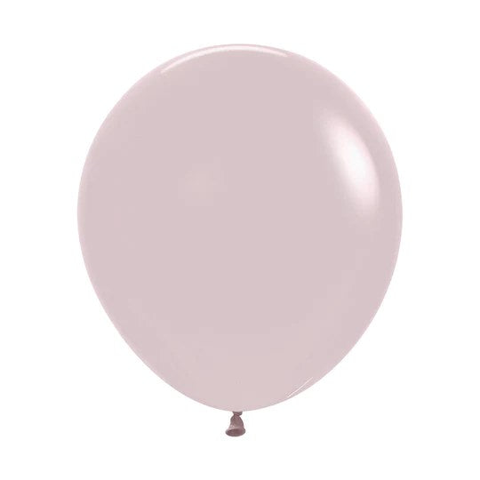 Single 24 inch round latex balloon in soft dusk rose pink color with smooth surface.